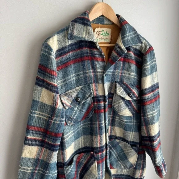 Vintage 60s 70s Caribou Coat Plaid Wool Jacket Shacket Button Up Mens M Womens L - Picture 2 of 14